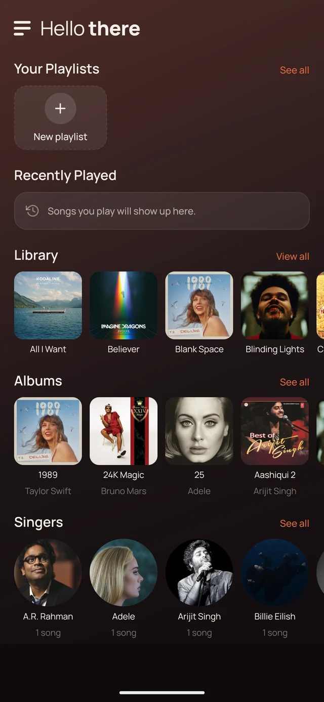 The Srchtune home screen on a phone: a greeting, Your Playlists, Recently Played, and rows of library artwork, albums and singers.
